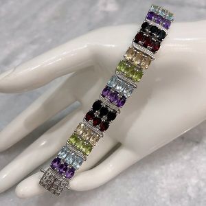 Triple Row Multigemstone Sterling Silver Station 7.25” Bracelet